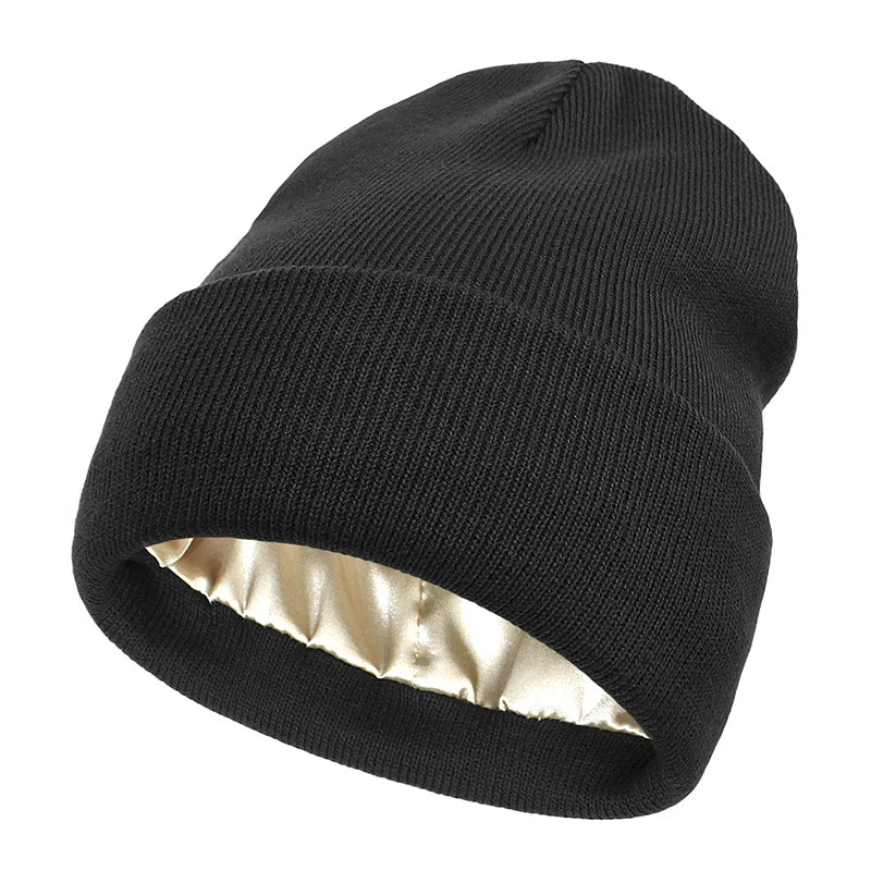 Gorro de inverno feminino com forro de cetim | Gorro de tricô grosso e macio | Antifrizz, quente e confortável