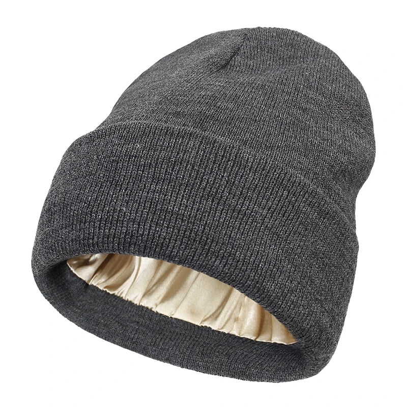 Gorro de inverno feminino com forro de cetim | Gorro de tricô grosso e macio | Antifrizz, quente e confortável