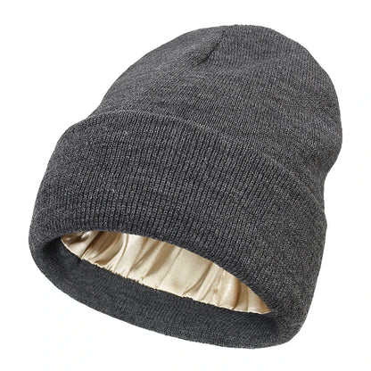 Gorro de inverno feminino com forro de cetim | Gorro de tricô grosso e macio | Antifrizz, quente e confortável