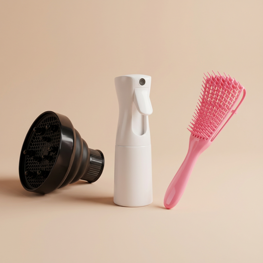 KIT DE DEFINIÇÃO DE CACHOS - ESCOVA FLEXÍVEL, FRASCO SPRAY E DIFUSOR