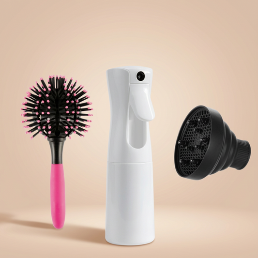 KIT DE DEFINIÇÃO DE CACHOS - ESCOVA 360, FRASCO SPRAY E DIFUSOR