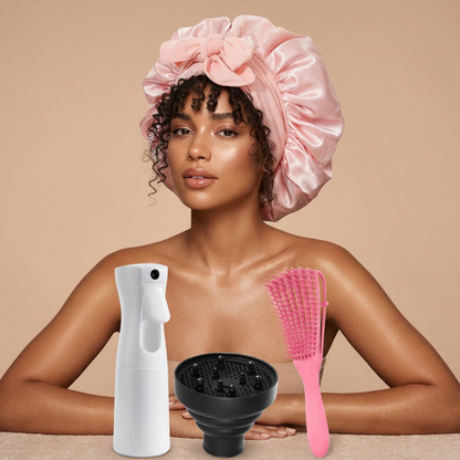 Kit Cachos Perfeitos – Touca de Cetim + Atomizador + Difusor + Escova Definidora