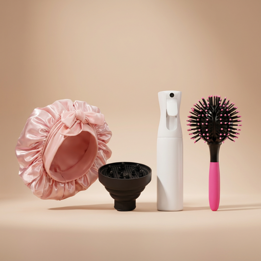 Pack Rizos Sublimes – Gorro de Satén + Difusor + Atomizador + Cepillo Voluminizador 360°