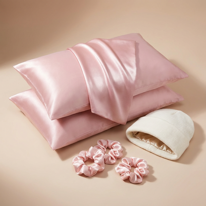 Pack Descanso de Lujo – Fundas de Satén + Gorro Invernal Forrado en Satén + Scrunchies de Seda