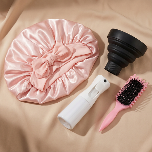 Pack Rutina Rizos Completa – Gorro de Satén + Difusor + Atomizador + Cepillo Definidor