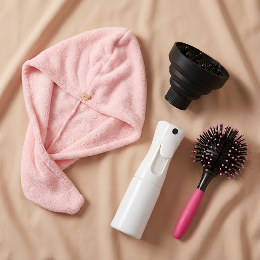 Kit Volume e Definição – Toalha de Microfibra + Difusor + Atomizador + Escova Volumizadora 360°