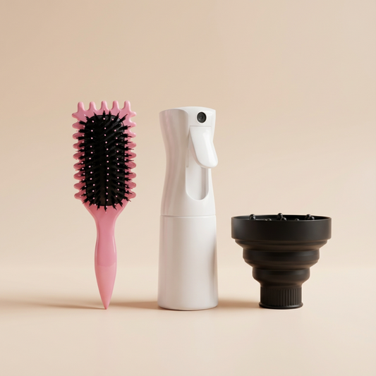 KIT DE DEFINIÇÃO DE CACHOS - ESCOVA, FRASCO SPRAY E DIFUSOR